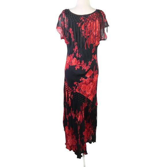Vintage 90s Temptation Black and Red Floral Fringe Midi Dress L - Picture 4 of 6